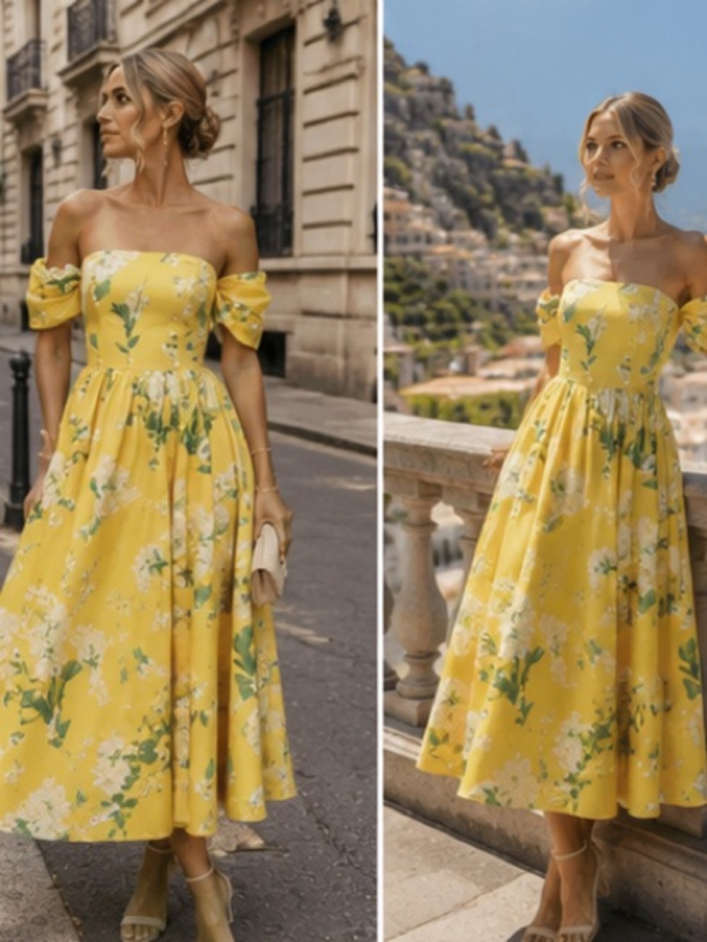 Sunny Yellow Off-Shoulder Floral Midi Dress، rare to find it - Picture 2 of 16